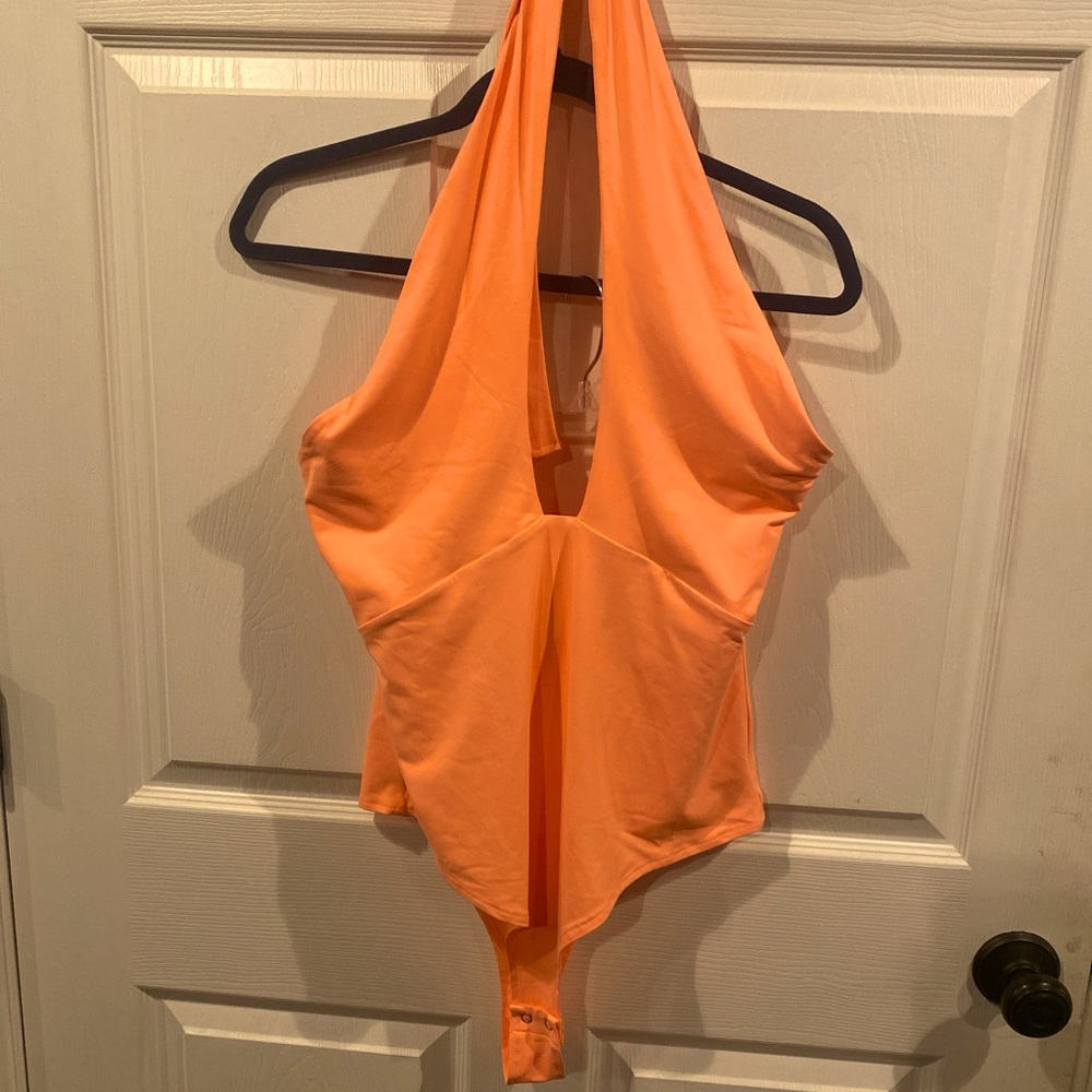 Reoria Black Halter Bodysuit Women’s Size XL  Super Bright Coral Orange Snaps